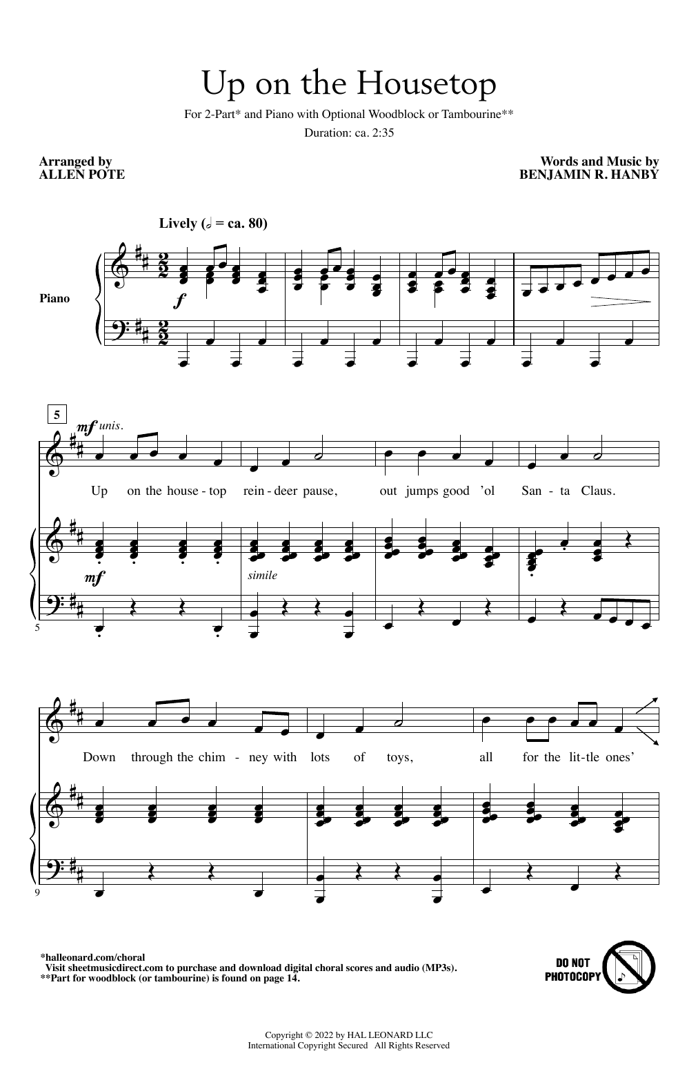 Benjamin R. Hanby Up On The Housetop (arr. Allen Pote) Sheet Music Notes & Chords for 2-Part Choir - Download or Print PDF