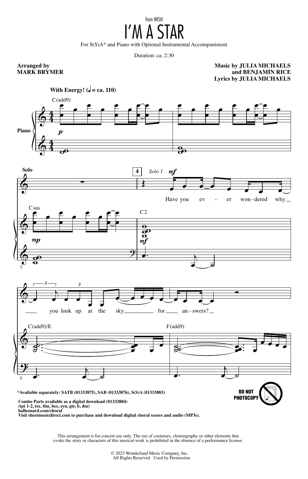 Benjamin Rice and Julia Michaels I'm A Star (from Wish) (arr. Mark Brymer) Sheet Music Notes & Chords for Choir - Download or Print PDF