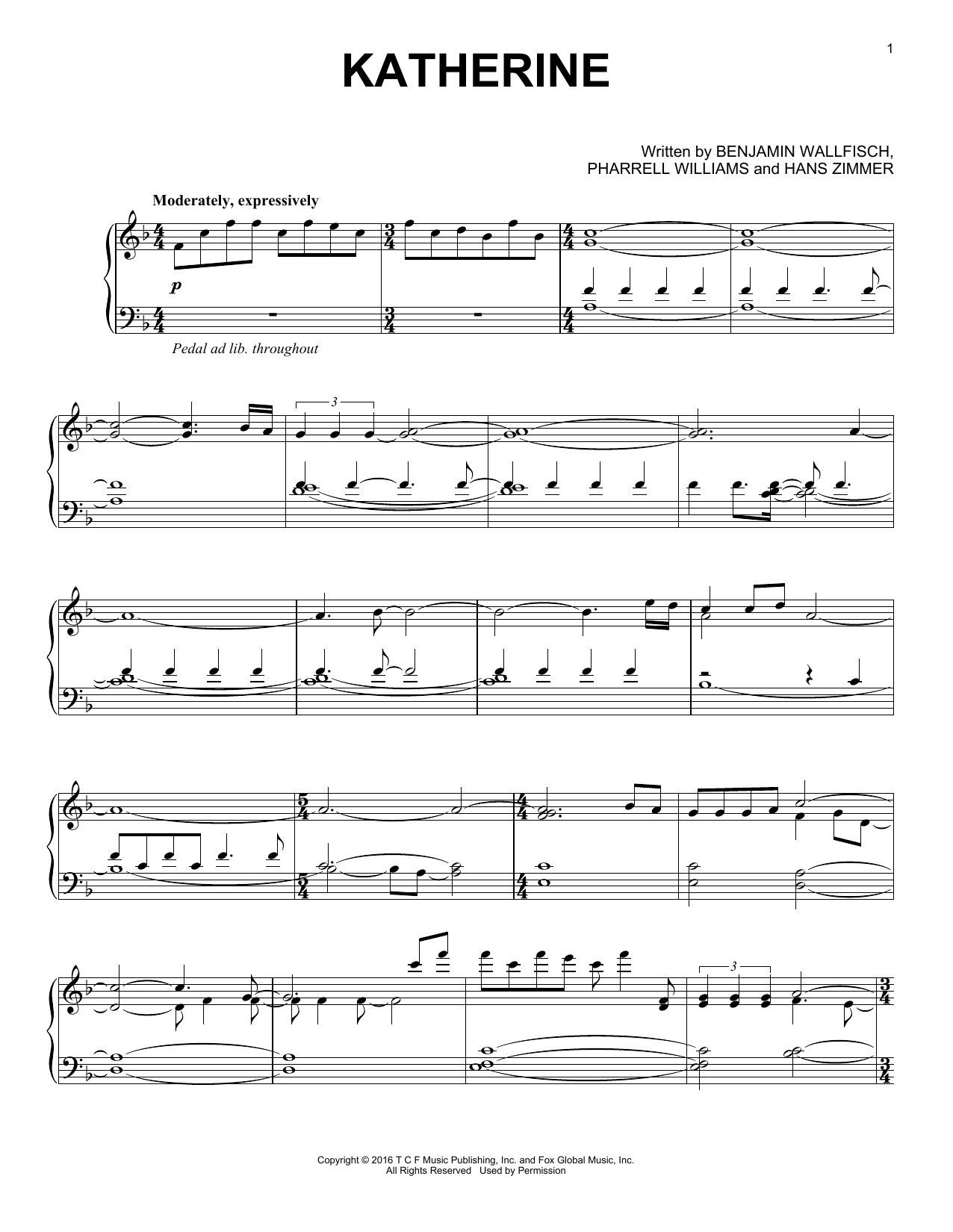 Benjamin Wallfisch Katherine Sheet Music Notes & Chords for Piano, Vocal & Guitar (Right-Hand Melody) - Download or Print PDF