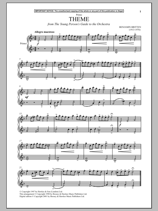 Preview Benjamin Britten Theme (from The Young Person's Guide To The Orchestra) Classical sheet music, notes and chords for Piano Duet, SKU: 90235 Theme (from The Young Person's Guide To The Orchestra) sheet music