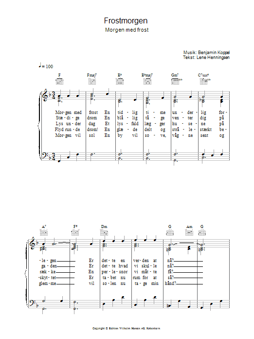 Preview Benjamin Koppel Frostmorgen Folk sheet music, notes and chords for Piano, Vocal & Guitar (Right-Hand Melody), SKU: 34045 Frostmorgen sheet music