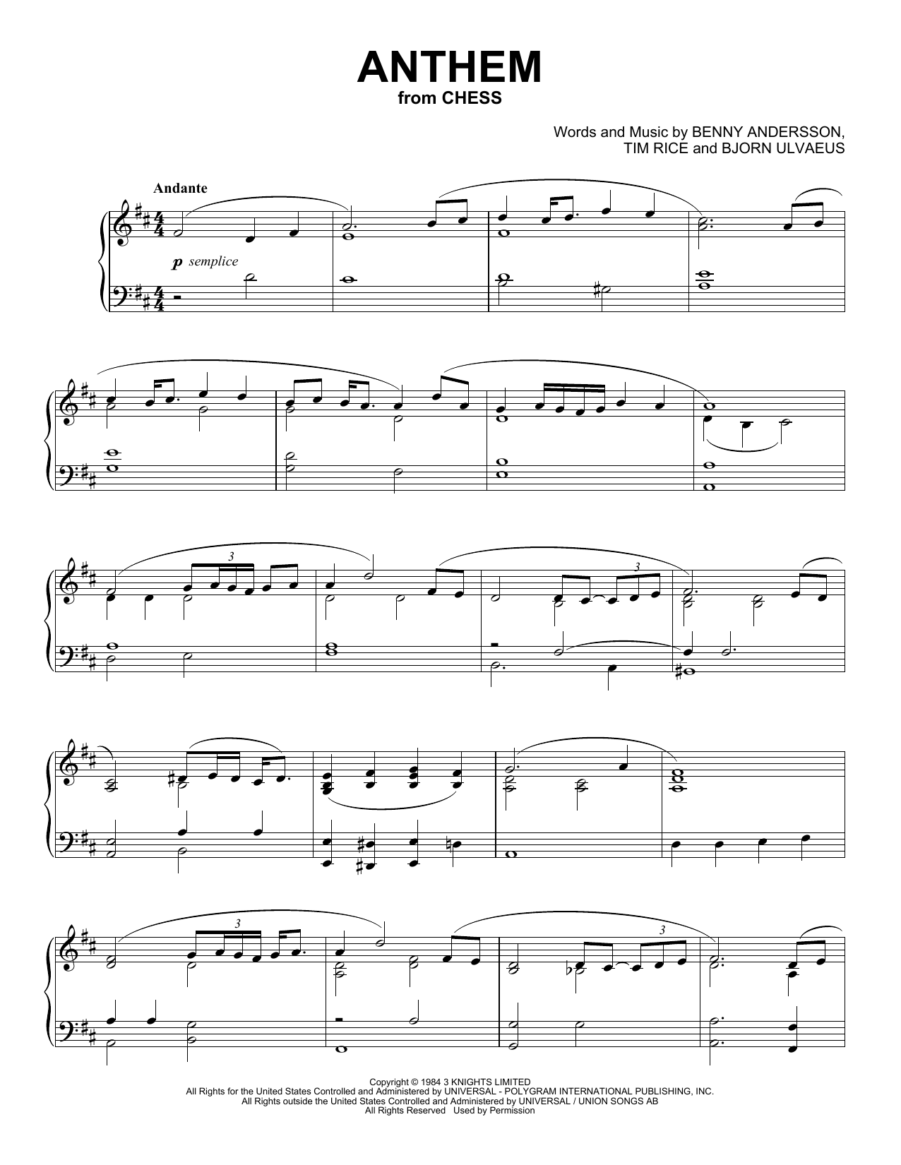 Benny Andersson & Bjorn Ulvaeus Anthem (from Chess) (Peaceful Piano Solo) Sheet Music Notes & Chords for Piano Solo - Download or Print PDF Benny Andersson & Bjorn Ulvaeus Anthem (from Chess) (Peaceful Piano Solo) Sheet Music Notes & Chords for Piano Solo - Download or Print PDF