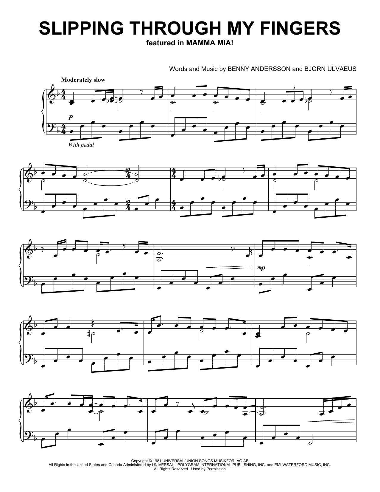 Benny Andersson & Bjorn Ulvaeus Slipping Through My Fingers (from Mamma Mia!) (Peaceful Piano Solo) Sheet Music Notes & Chords for Piano Solo - Download or Print PDF Benny Andersson & Bjorn Ulvaeus Slipping Through My Fingers (from Mamma Mia!) (Peaceful Piano Solo) Sheet Music Notes & Chords for Piano Solo - Download or Print PDF