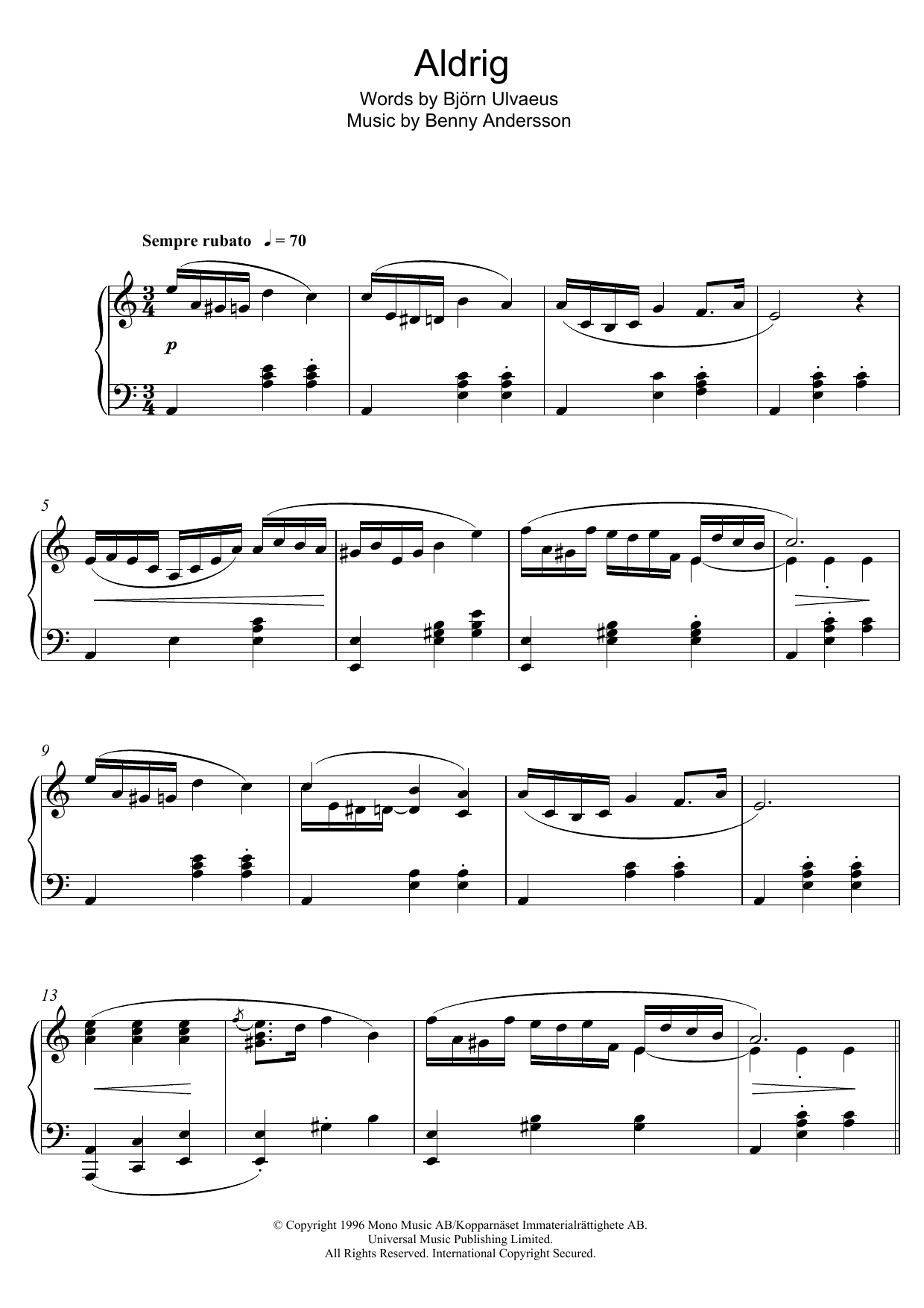 Benny Andersson Aldrig Sheet Music Notes & Chords for Piano - Download or Print PDF