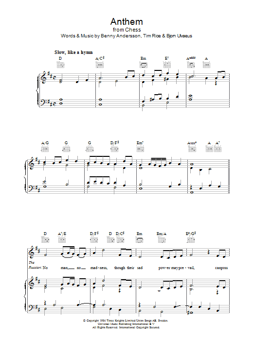 Andersson and Ulvaeus Anthem (from Chess) Sheet Music Notes & Chords for Piano, Vocal & Guitar (Right-Hand Melody) - Download or Print PDF