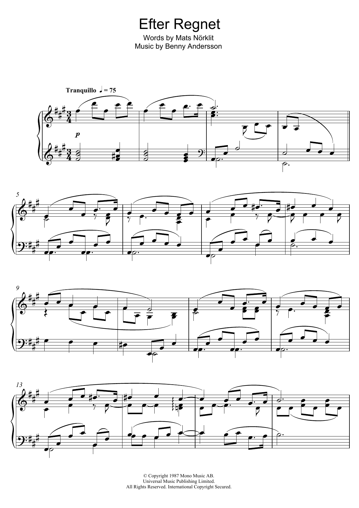 Benny Andersson Efter Regnet Sheet Music Notes & Chords for Piano - Download or Print PDF
