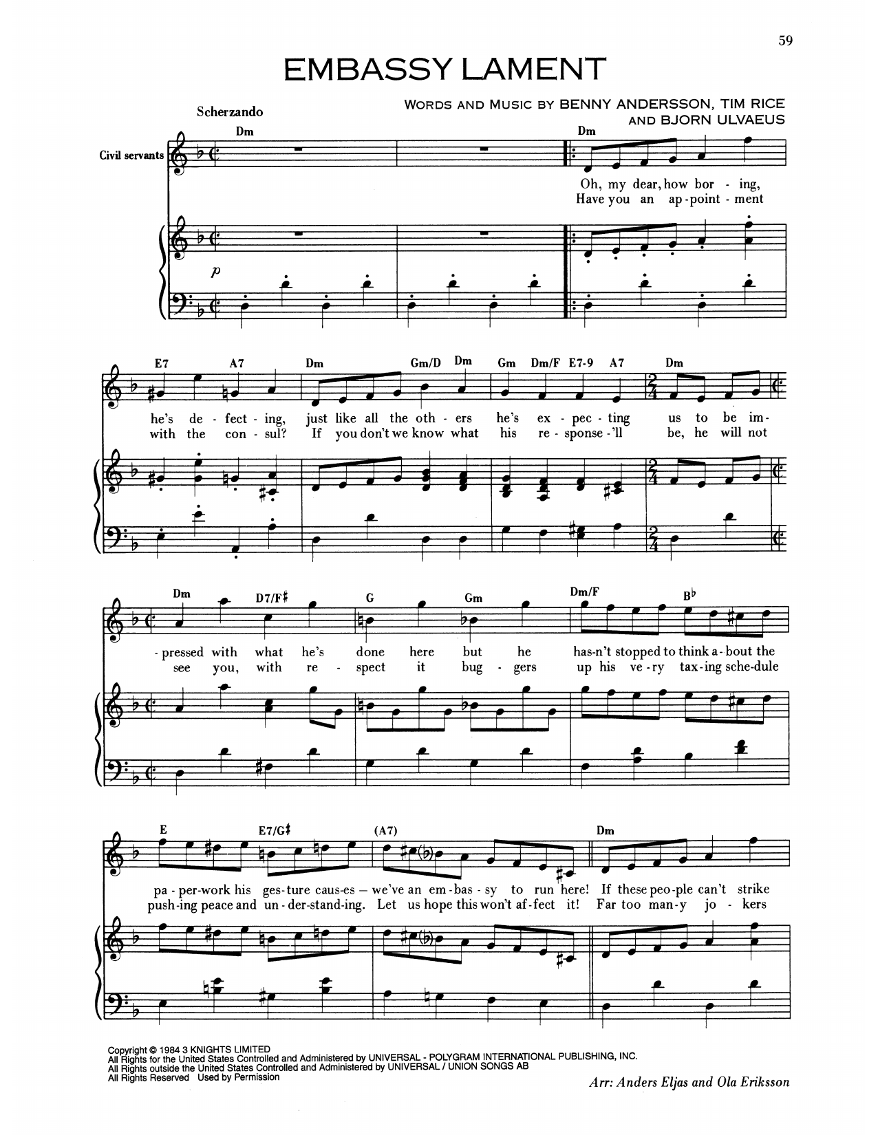Benny Andersson Embassy Lament (from Chess) Sheet Music Notes & Chords for Piano & Vocal - Download or Print PDF