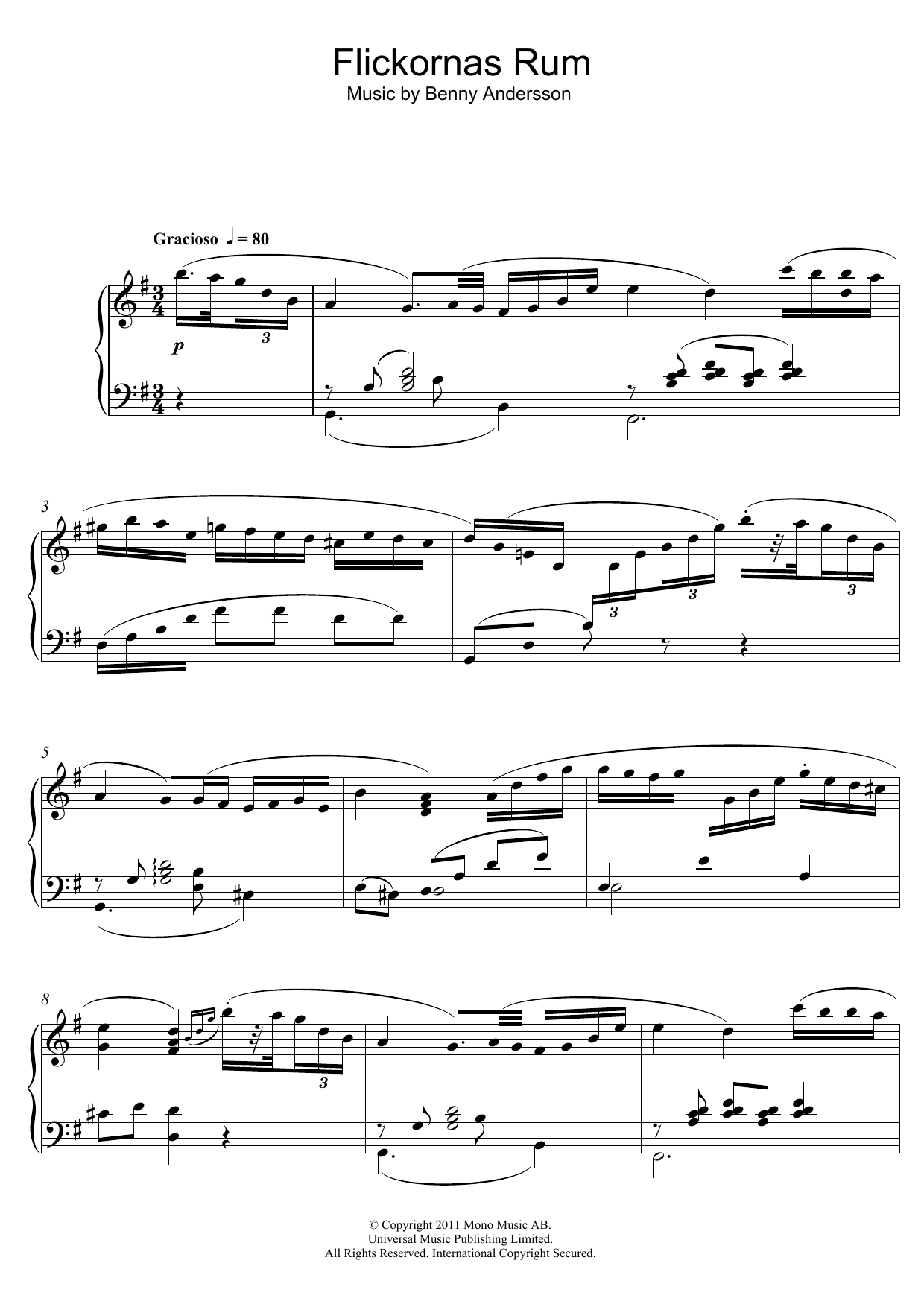 Benny Andersson Flickornas Rum Sheet Music Notes & Chords for Piano - Download or Print PDF