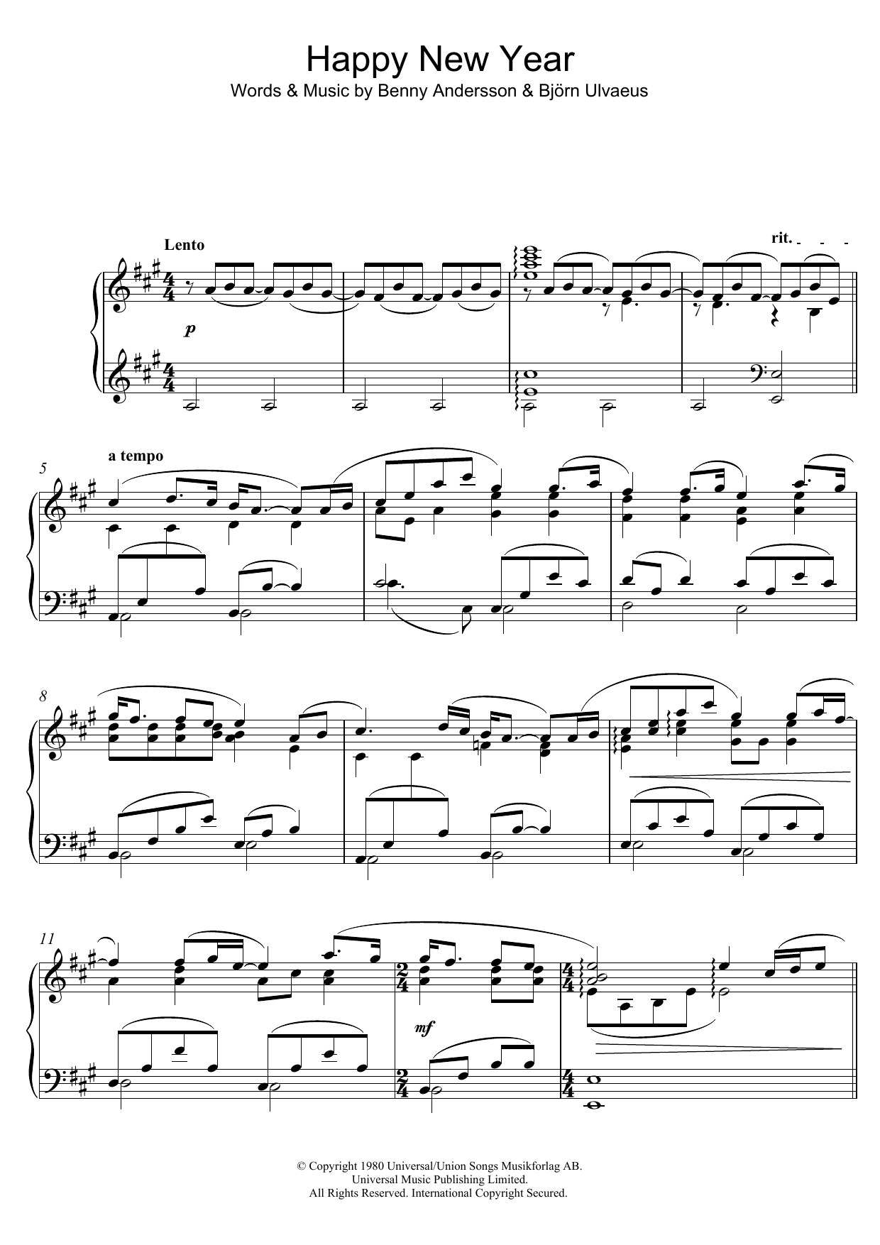 Benny Andersson Happy New Year Sheet Music Notes & Chords for Piano - Download or Print PDF Benny Andersson Happy New Year Sheet Music Notes & Chords for Piano - Download or Print PDF