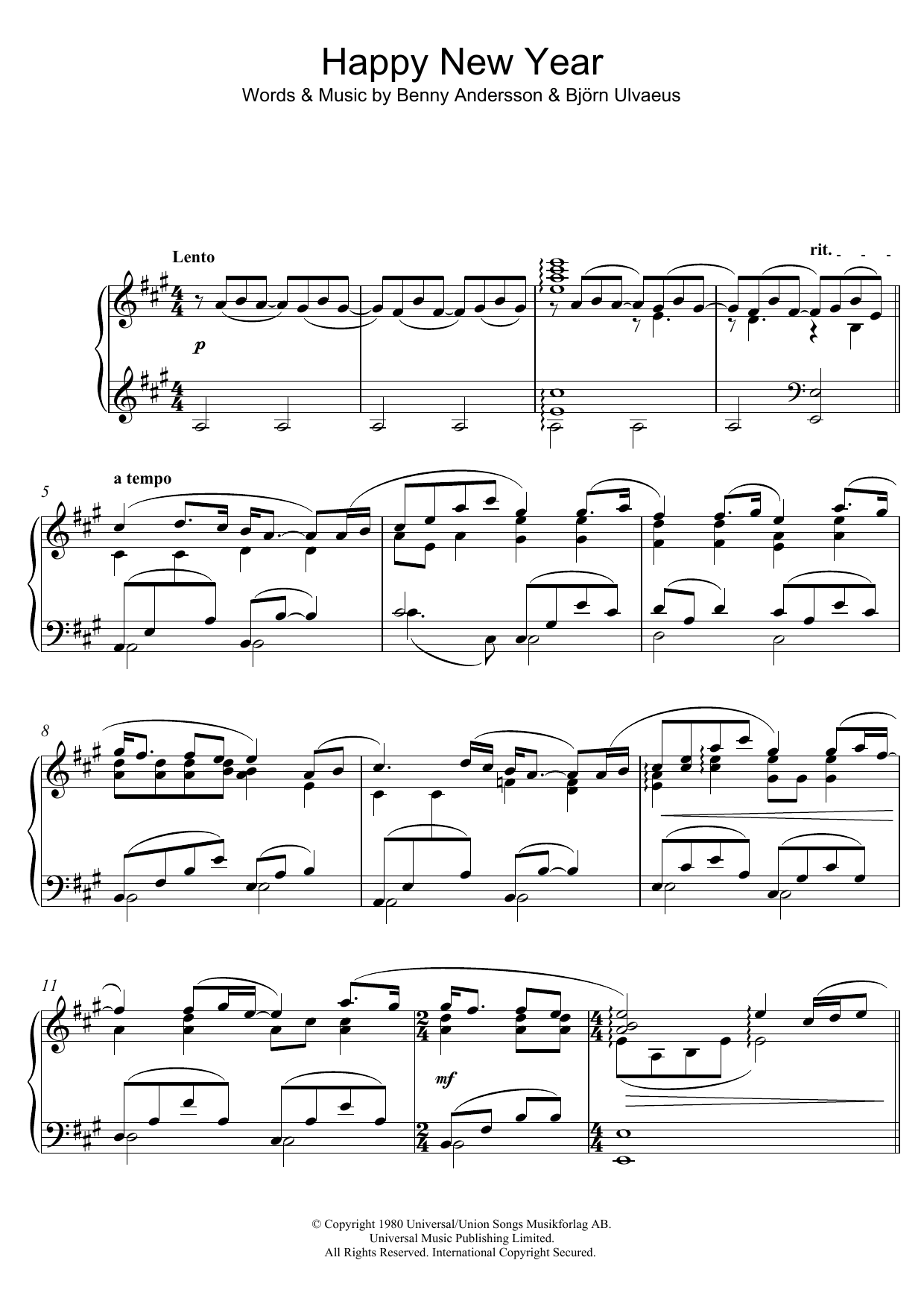 Benny Andersson Happy New Year Sheet Music Notes & Chords for Piano - Download or Print PDF