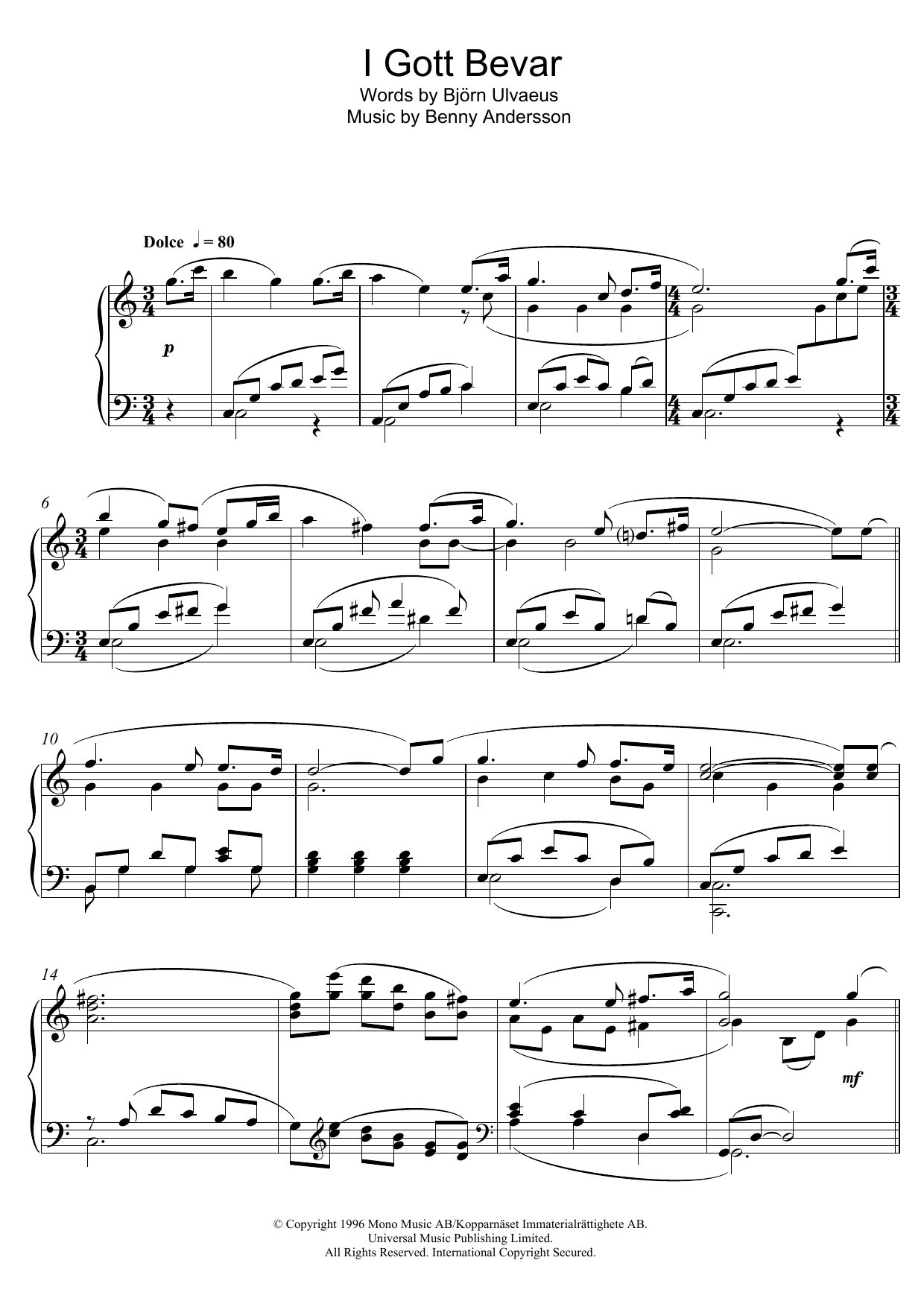 Benny Andersson I Gott Bevar Sheet Music Notes & Chords for Piano - Download or Print PDF