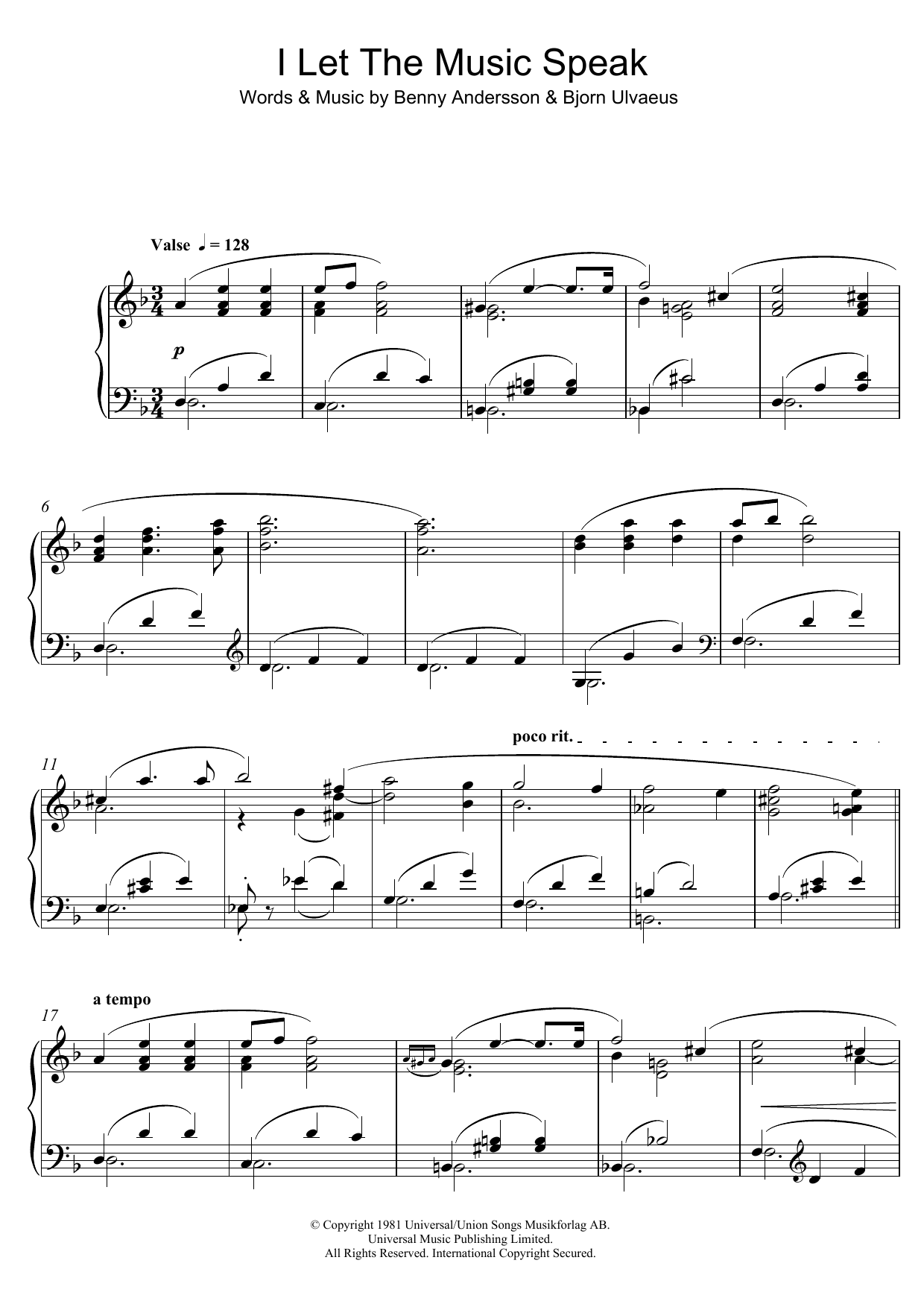 Benny Andersson I Let The Music Speak Sheet Music Notes & Chords for Piano - Download or Print PDF