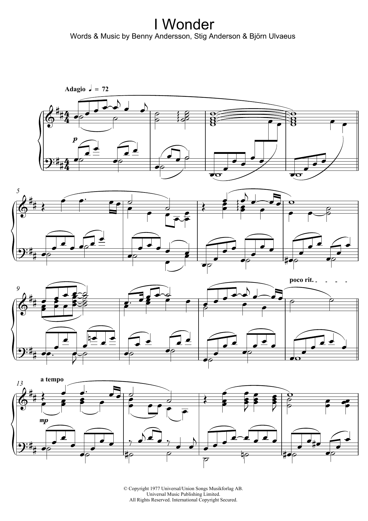 Benny Andersson I Wonder Sheet Music Notes & Chords for Piano - Download or Print PDF