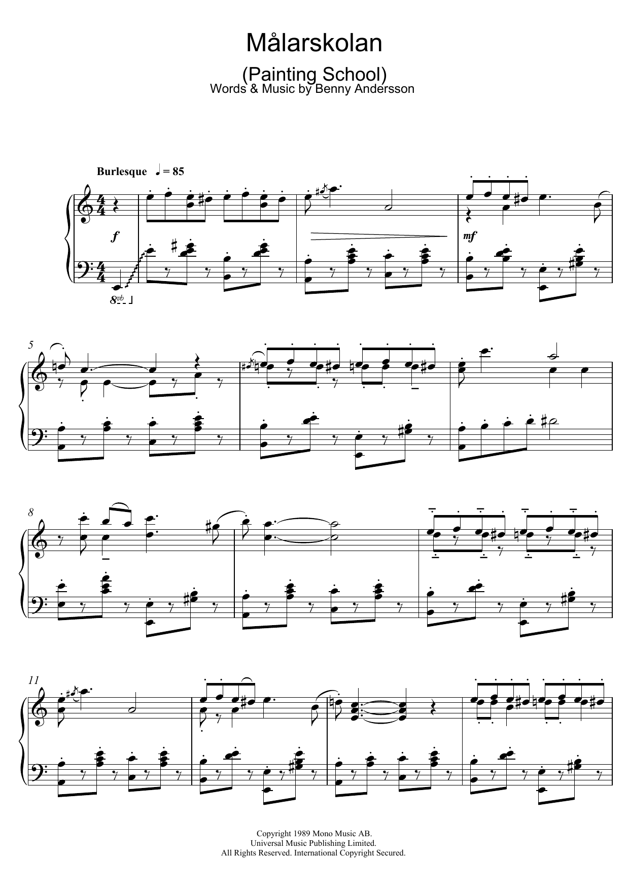 Benny Andersson Malarskolan Sheet Music Notes & Chords for Piano - Download or Print PDF