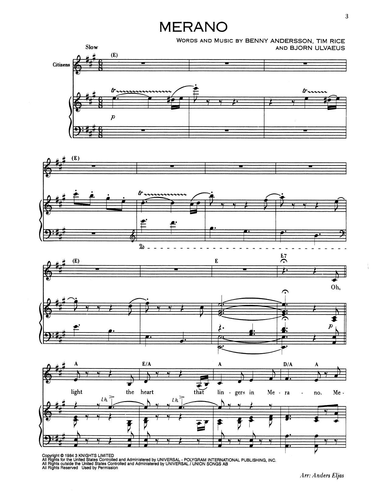 Benny Andersson Merano (from Chess) Sheet Music Notes & Chords for Piano & Vocal - Download or Print PDF