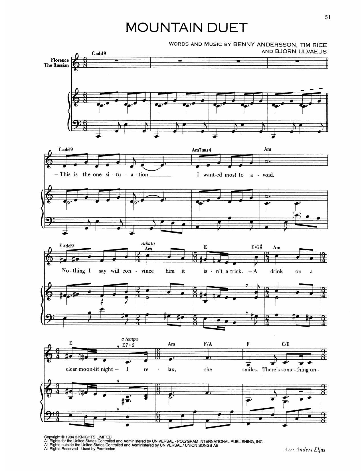 Benny Andersson Mountain Duet (from Chess) Sheet Music Notes & Chords for Piano & Vocal - Download or Print PDF