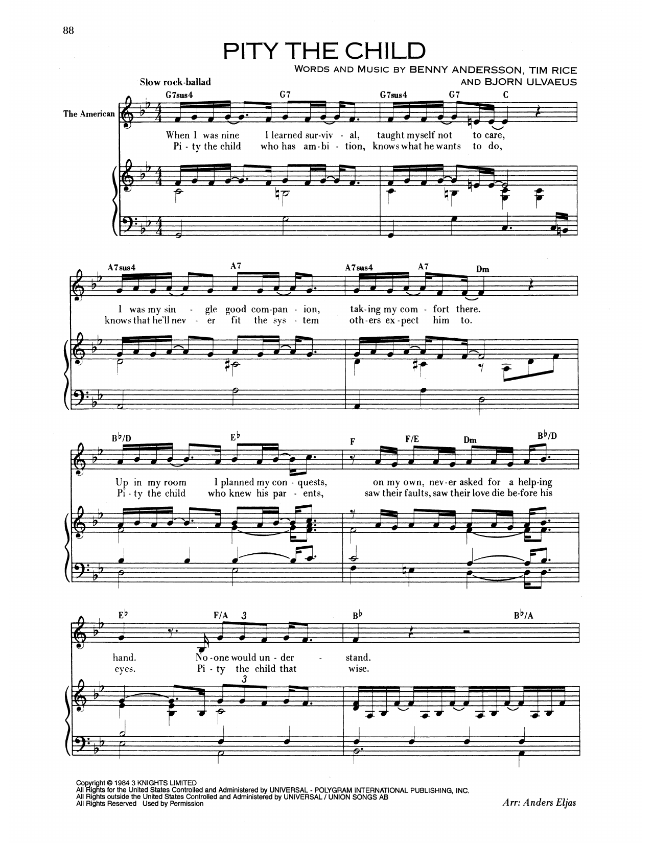 Benny Andersson Pity The Child (from Chess) Sheet Music Notes & Chords for Piano & Vocal - Download or Print PDF