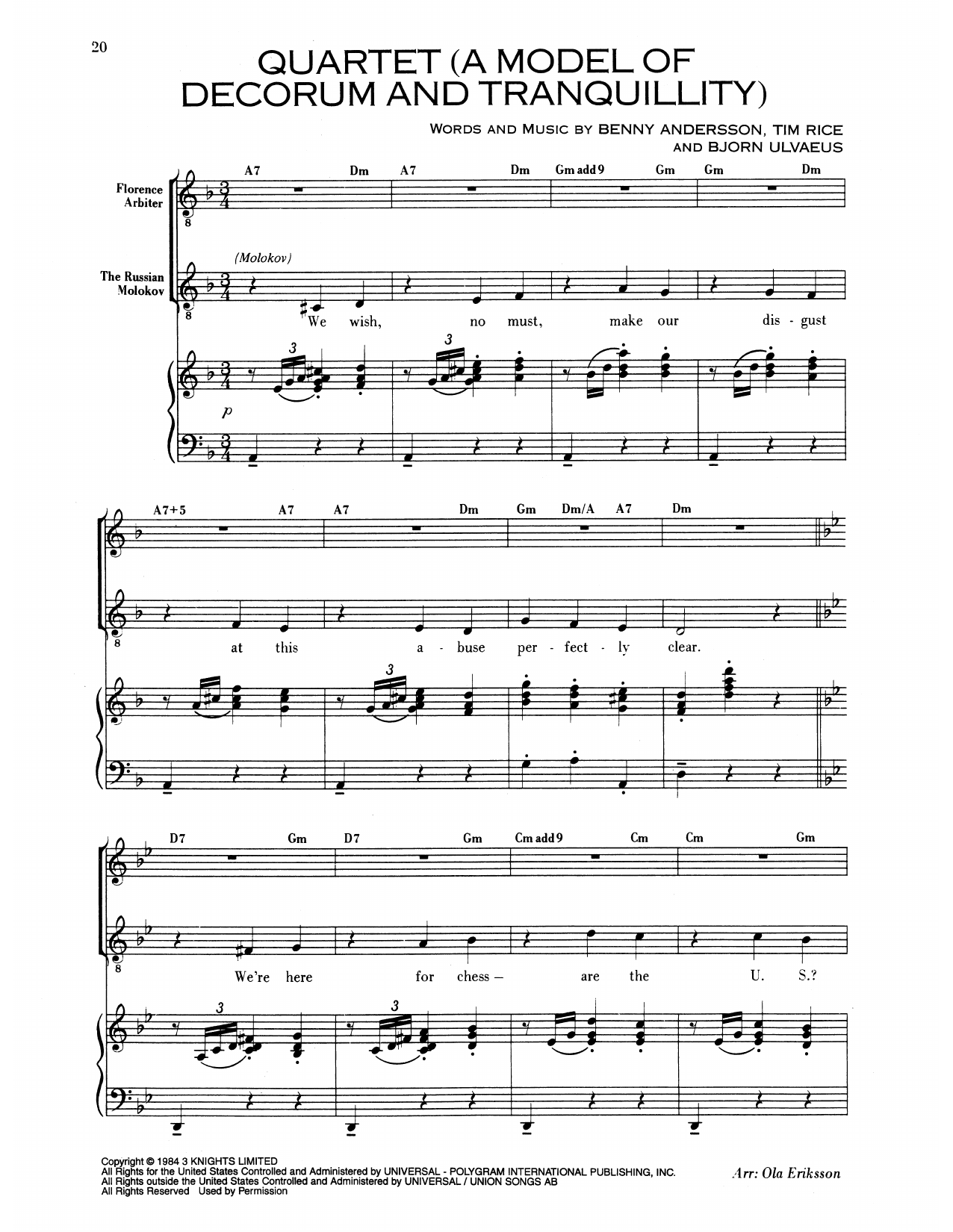 Benny Andersson Quartet (A Model Of Decorum and Tranquility) (from Chess) Sheet Music Notes & Chords for Piano & Vocal - Download or Print PDF