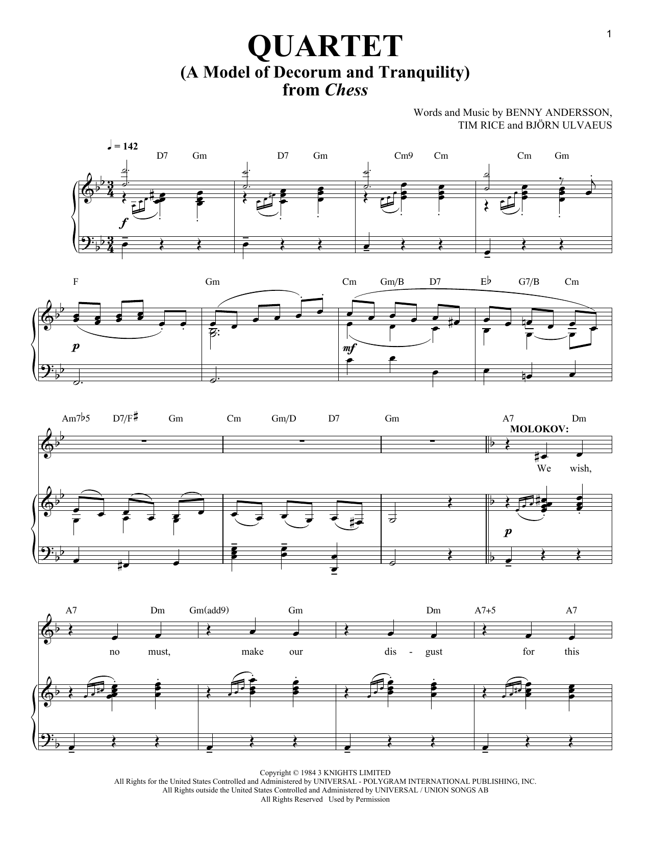 Benny Andersson Quartet (A Model Of Decorum and Tranquility) Sheet Music Notes & Chords for Piano & Vocal - Download or Print PDF
