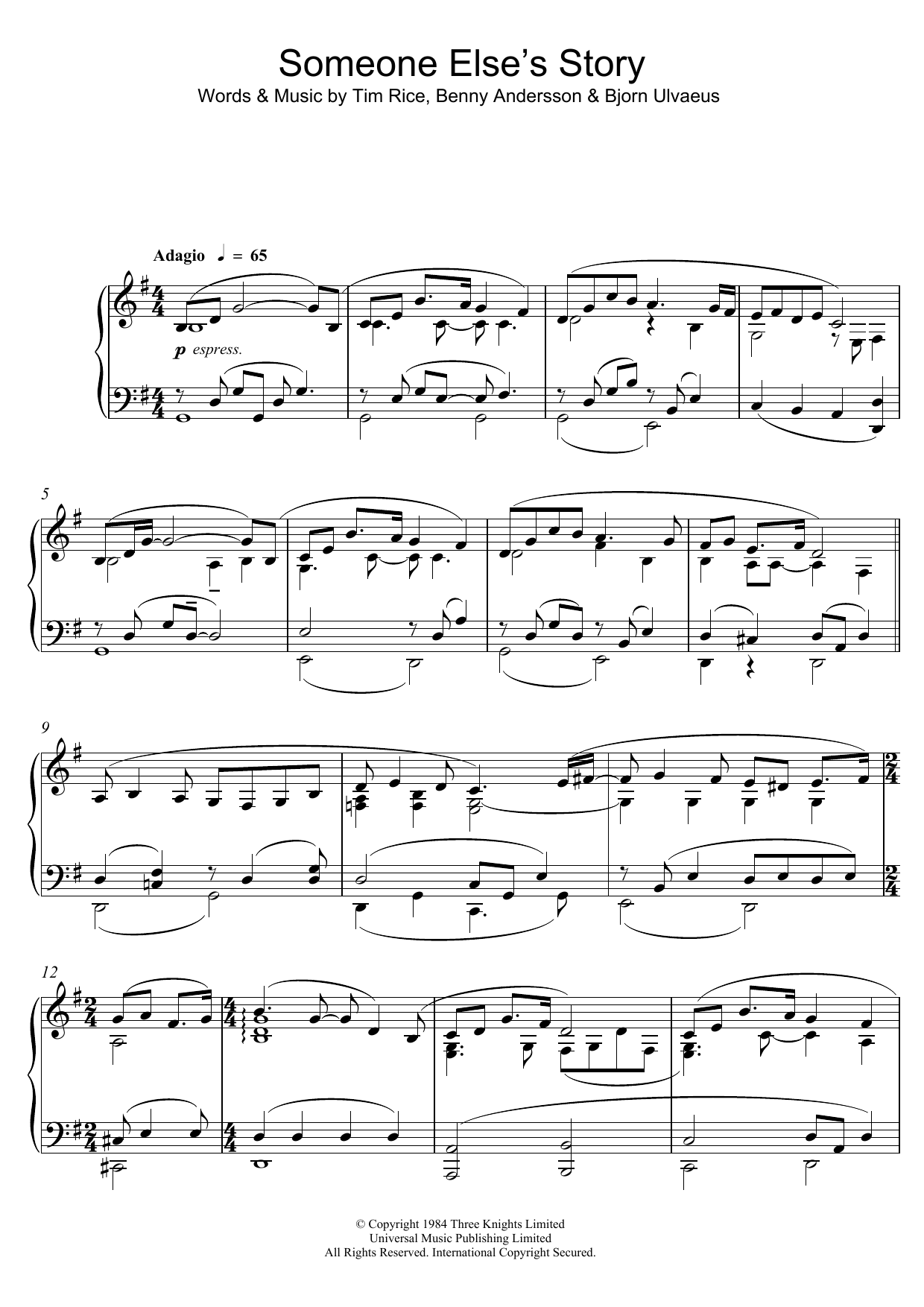 Benny Andersson Someone Else's Story Sheet Music Notes & Chords for Piano - Download or Print PDF