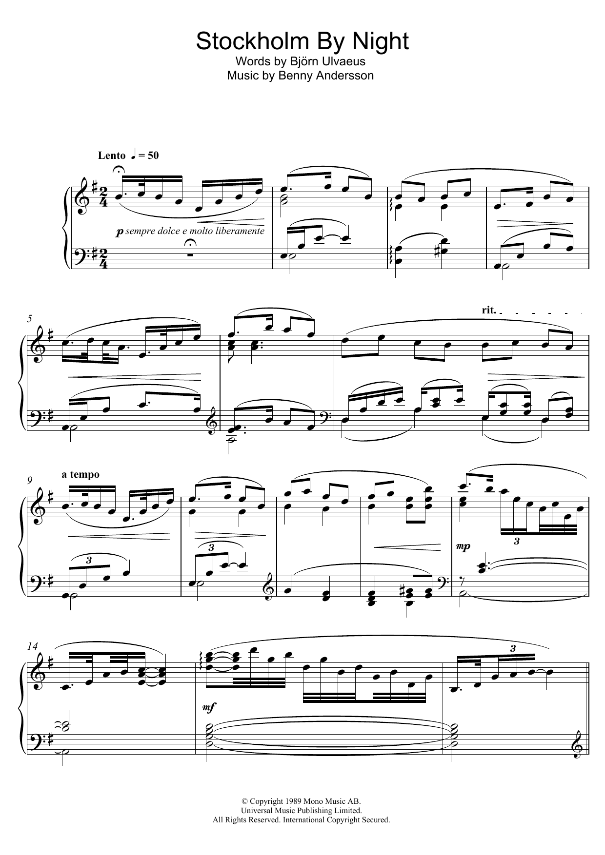 Benny Andersson Stockholm By Night Sheet Music Notes & Chords for Piano - Download or Print PDF