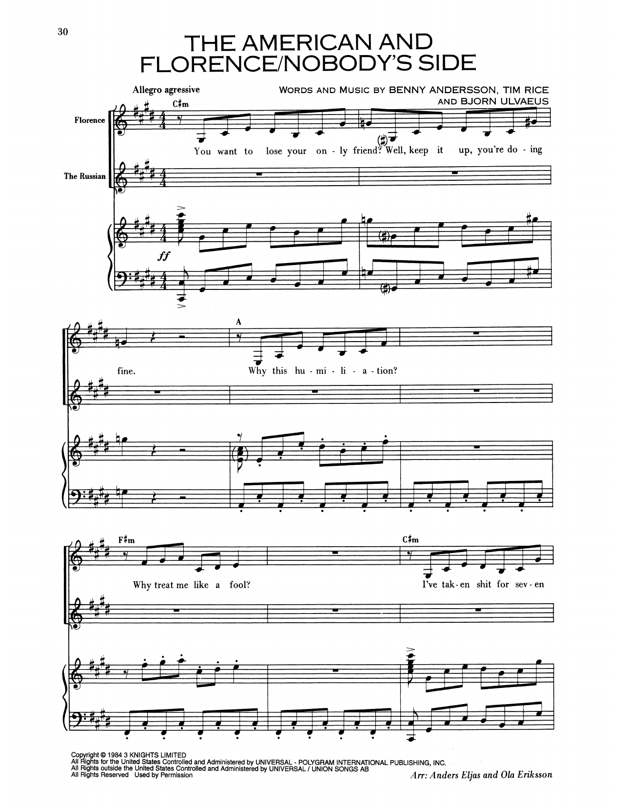 Benny Andersson The American And Florence/Nobody's Side (from Chess) Sheet Music Notes & Chords for Piano & Vocal - Download or Print PDF
