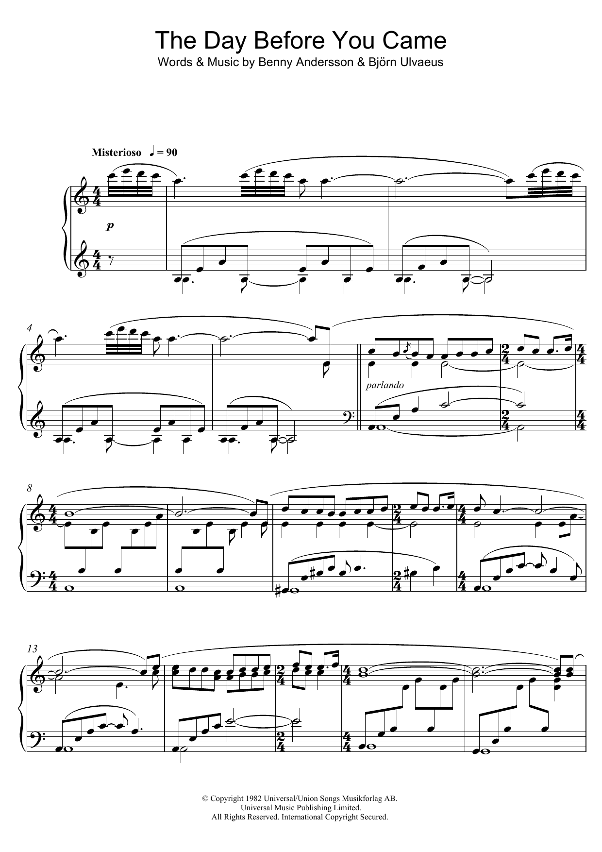 Benny Andersson The Day Before You Came Sheet Music Notes & Chords for Piano - Download or Print PDF