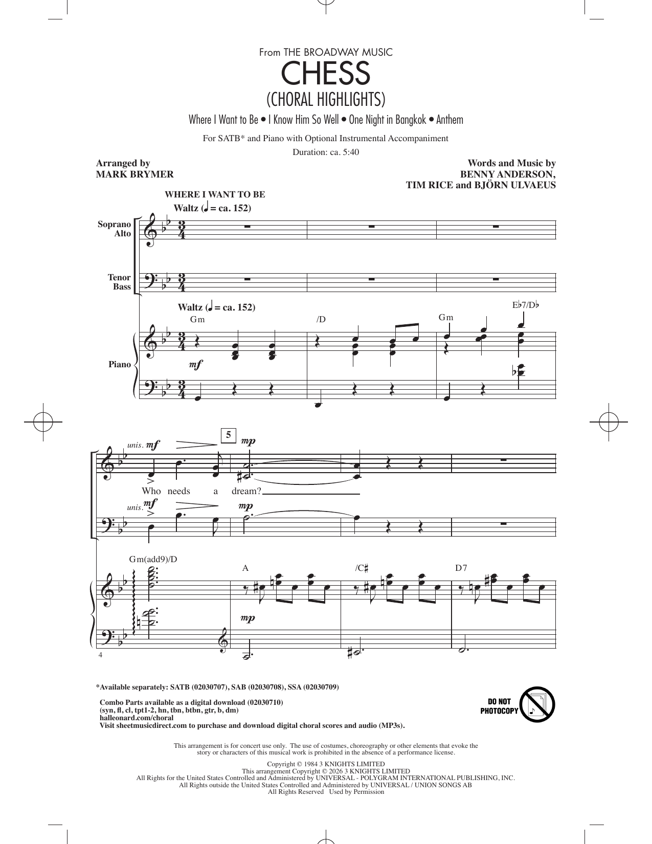 Benny Andersson, Tim Rice and Bjorn Ulvaeus Chess (Choral Highlights) (arr. Mark Brymer) Sheet Music Notes & Chords for SATB Choir - Download or Print PDF