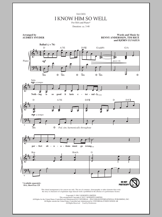 Benny Andersson, Tim Rice and Bjorn Ulvaeus I Know Him So Well (from Chess) (arr. Audrey Snyder) Sheet Music Notes & Chords for SSA - Download or Print PDF