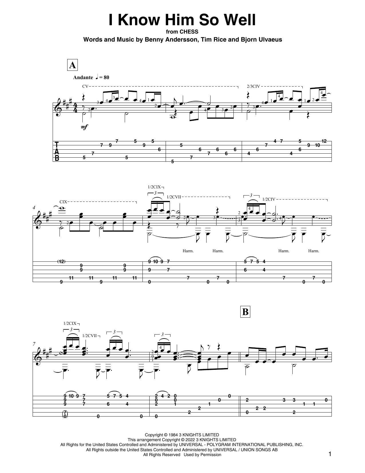 Benny Andersson, Tim Rice and Bjorn Ulvaeus I Know Him So Well (from Chess) (arr. David Jaggs) Sheet Music Notes & Chords for Solo Guitar - Download or Print PDF