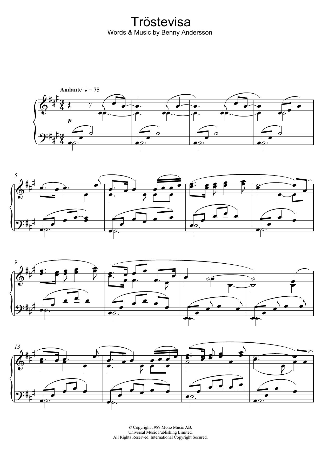 Benny Andersson Trostevisa Sheet Music Notes & Chords for Piano - Download or Print PDF