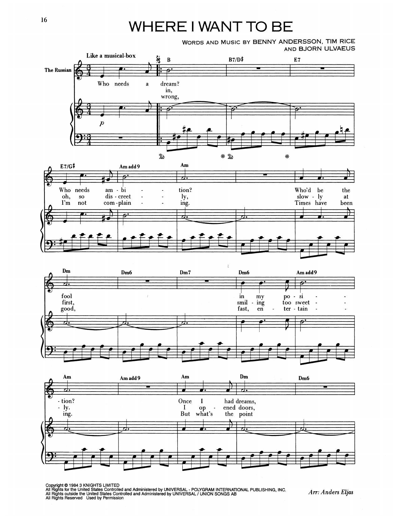 Benny Andersson Where I Want To Be (from Chess) Sheet Music Notes & Chords for Piano & Vocal - Download or Print PDF