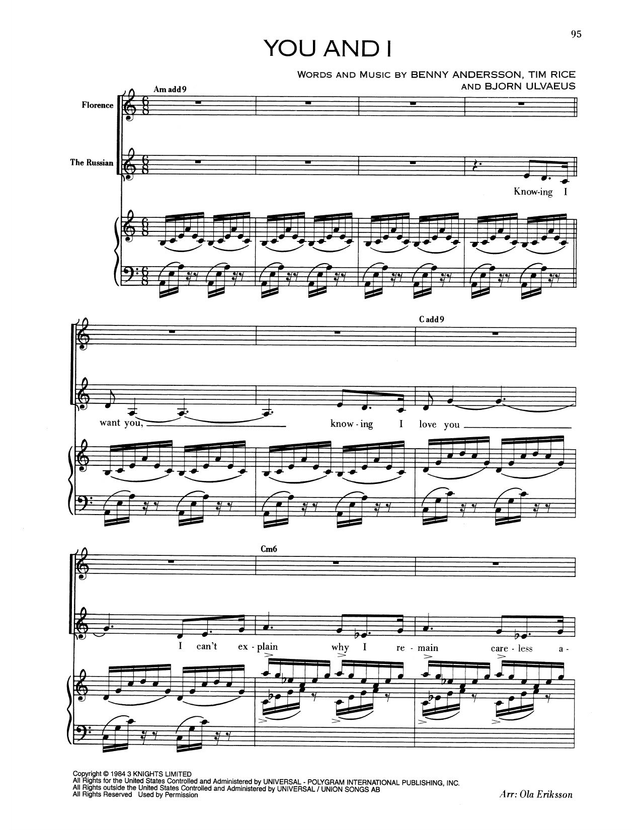 Benny Andersson You And I (from Chess) Sheet Music Notes & Chords for Piano & Vocal - Download or Print PDF