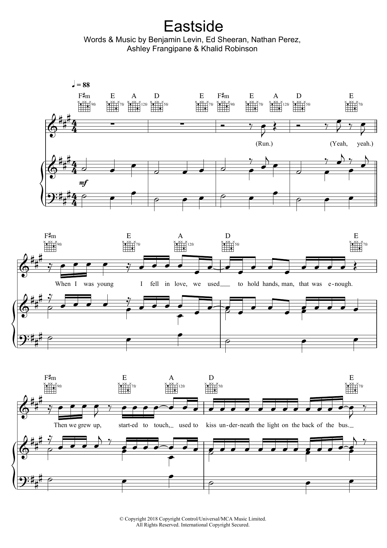 Benny Blanco Eastside Sheet Music Notes & Chords for Piano, Vocal & Guitar (Right-Hand Melody) - Download or Print PDF
