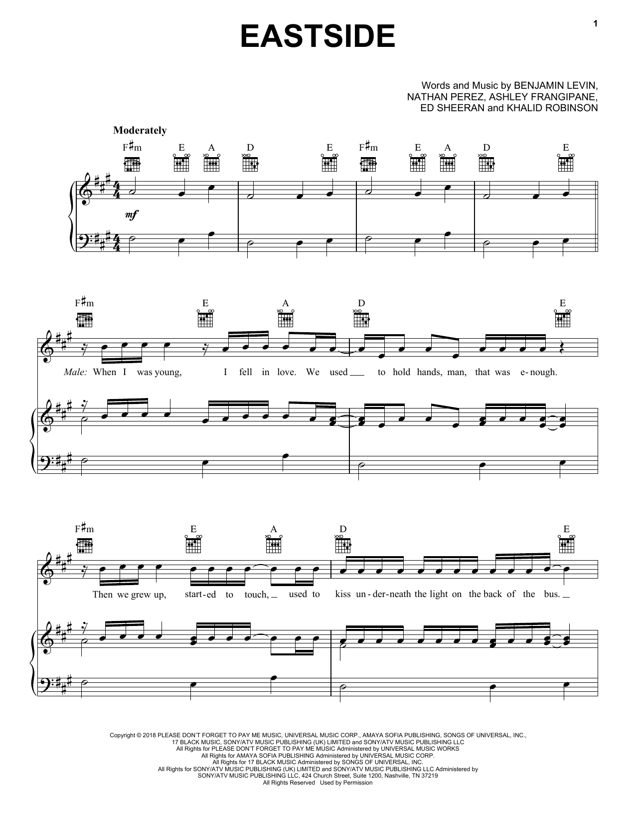 benny blanco, Halsey & Khalid Eastside Sheet Music Notes & Chords for Easy Piano - Download or Print PDF