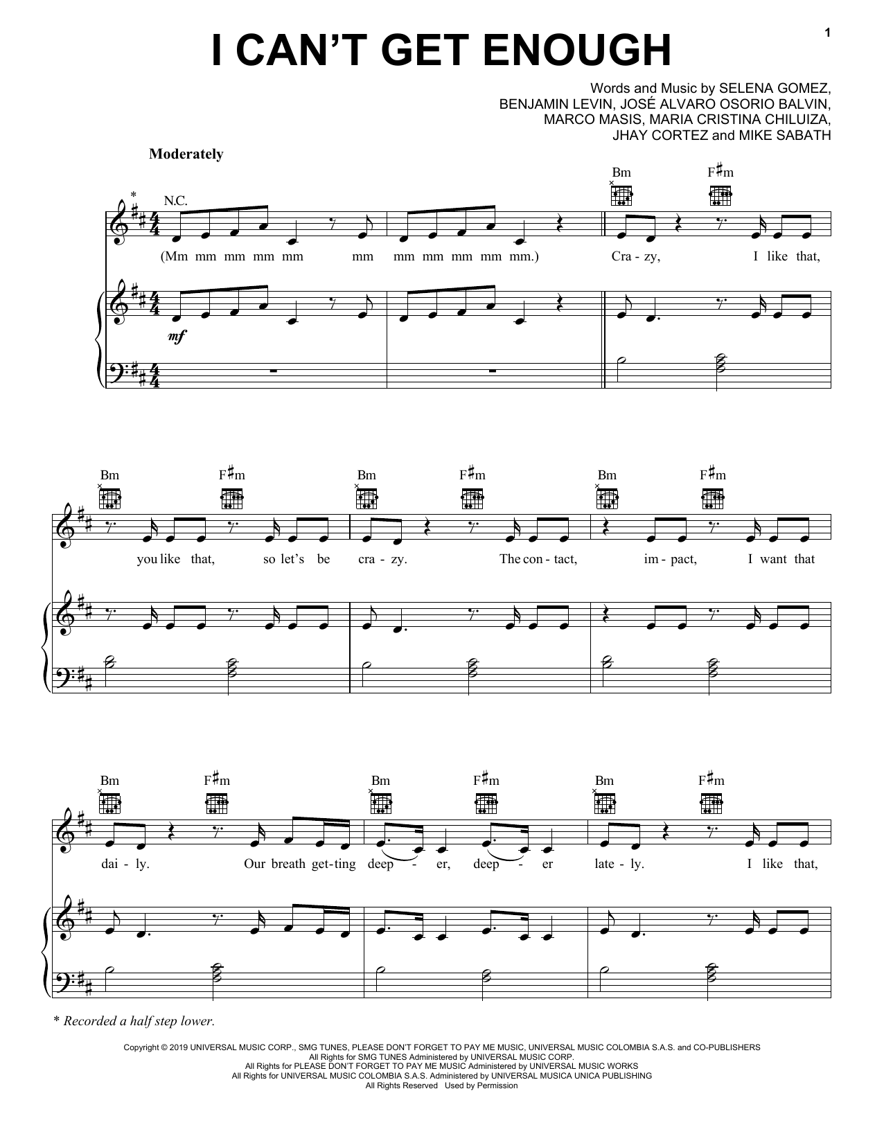 benny blanco, Selena Gomez, Tainy & J Balvin I Can't Get Enough Sheet Music Notes & Chords for Piano, Vocal & Guitar (Right-Hand Melody) - Download or Print PDF