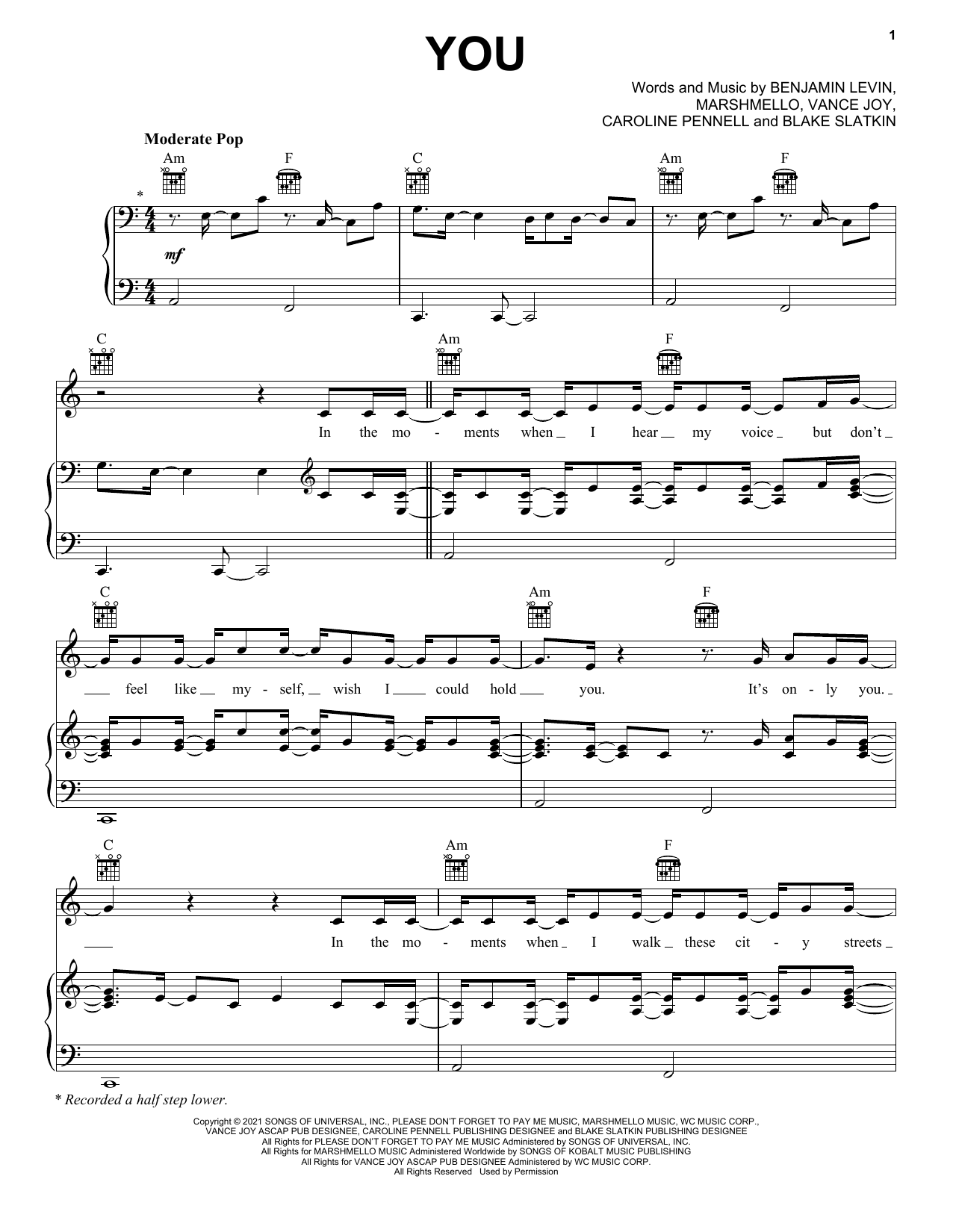 benny blanco You (with Marshmello & Vance Joy) Sheet Music Notes & Chords for Piano, Vocal & Guitar (Right-Hand Melody) - Download or Print PDF