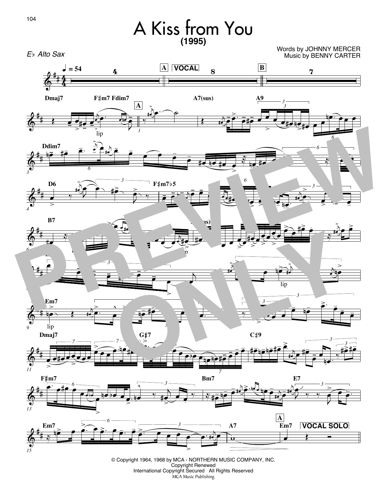 Benny Carter A Kiss From You Sheet Music Notes & Chords for Alto Sax Transcription - Download or Print PDF