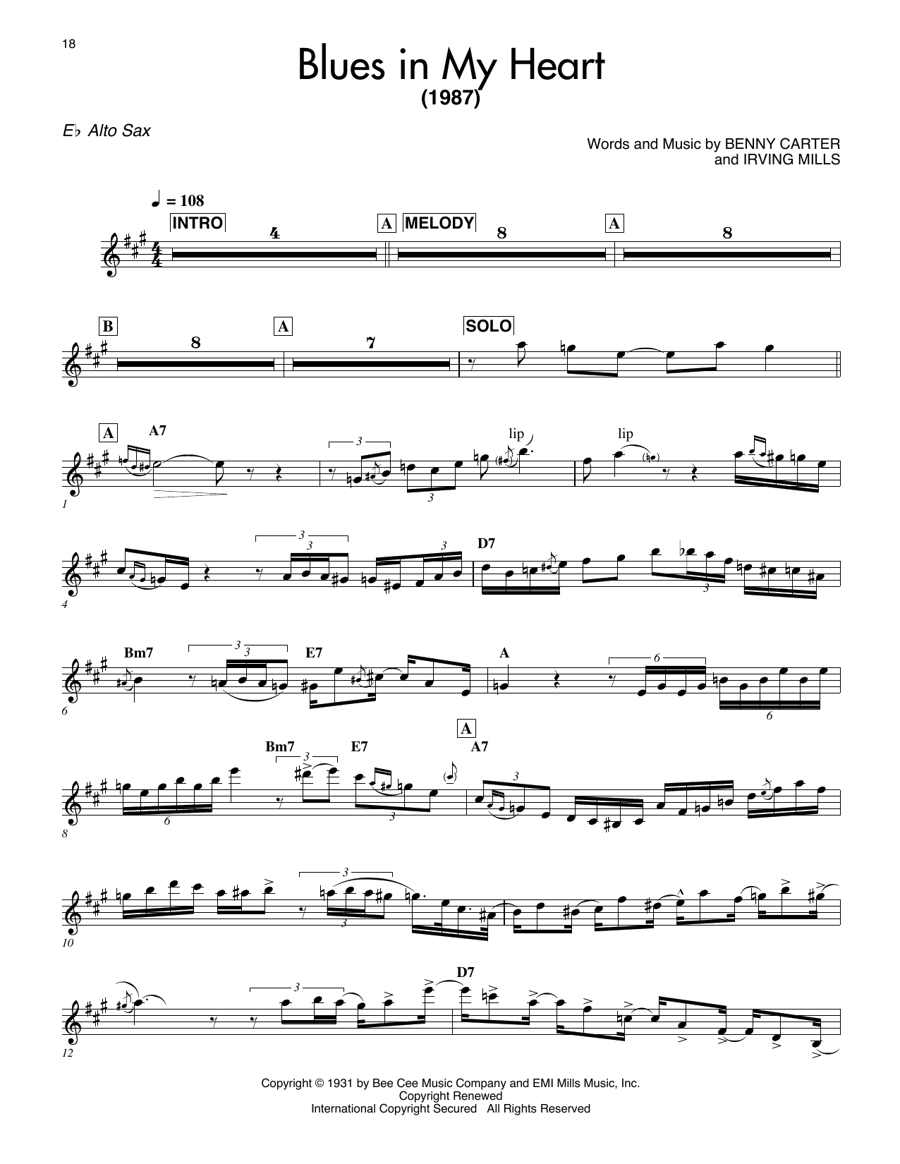 Benny Carter Blues In My Heart Sheet Music Notes & Chords for Alto Sax Transcription - Download or Print PDF