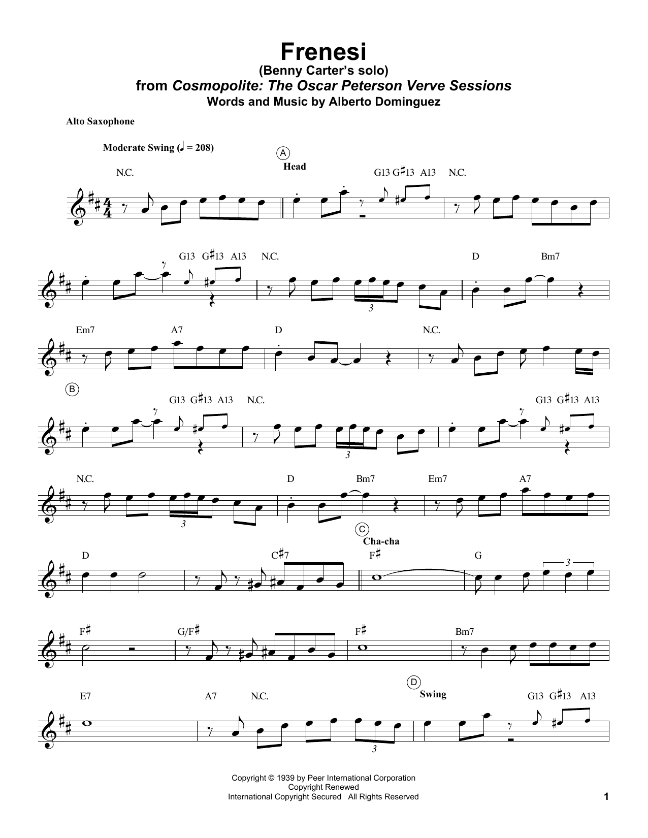 Benny Carter Frenesí Sheet Music Notes & Chords for Alto Sax Transcription - Download or Print PDF
