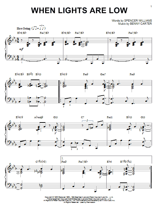 Benny Carter When Lights Are Low [Jazz version] (arr. Brent Edstrom) Sheet Music Notes & Chords for Piano - Download or Print PDF