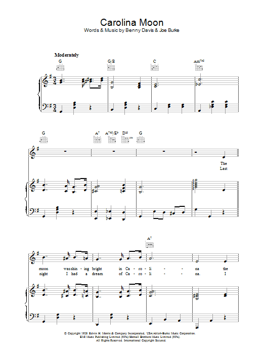 Benny Davis Carolina Moon Sheet Music Notes & Chords for Piano, Vocal & Guitar (Right-Hand Melody) - Download or Print PDF Benny Davis Carolina Moon Sheet Music Notes & Chords for Piano, Vocal & Guitar (Right-Hand Melody) - Download or Print PDF
