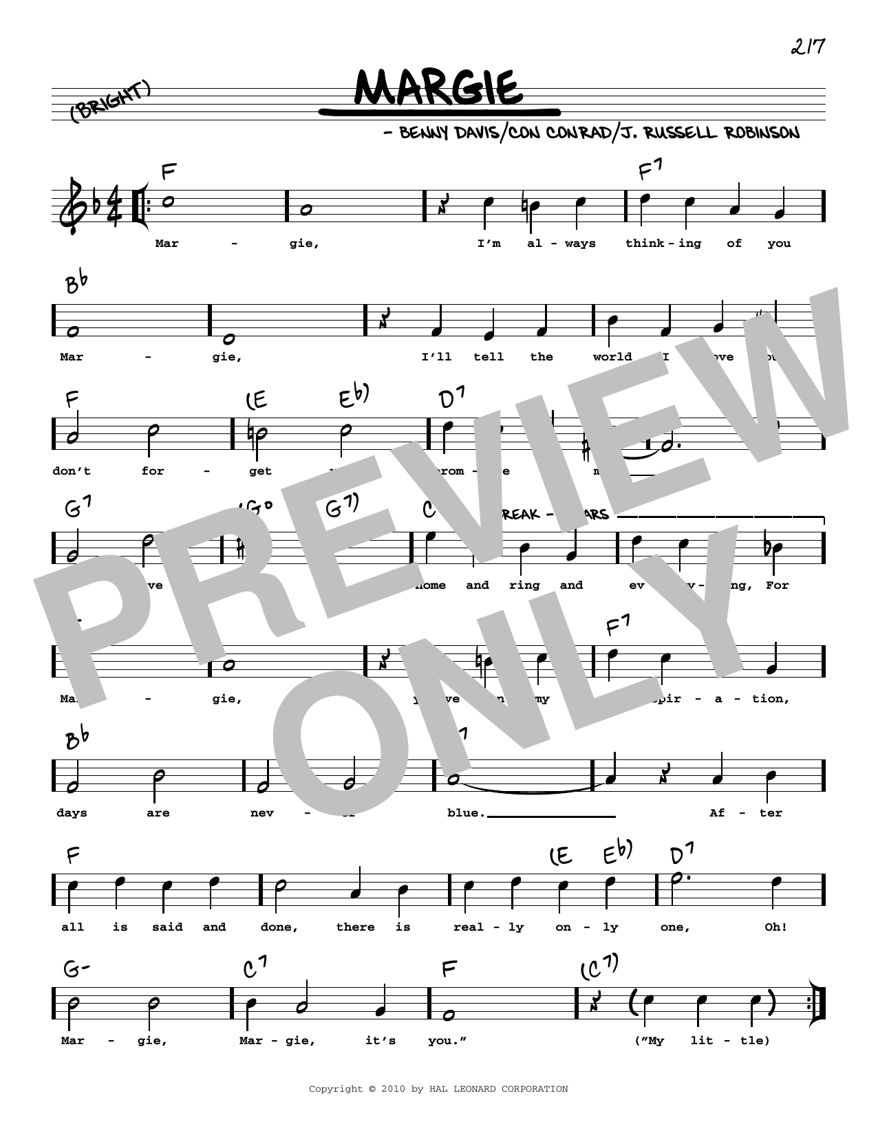 Benny Davis Margie (arr. Robert Rawlins) Sheet Music Notes & Chords for Real Book – Melody, Lyrics & Chords - Download or Print PDF