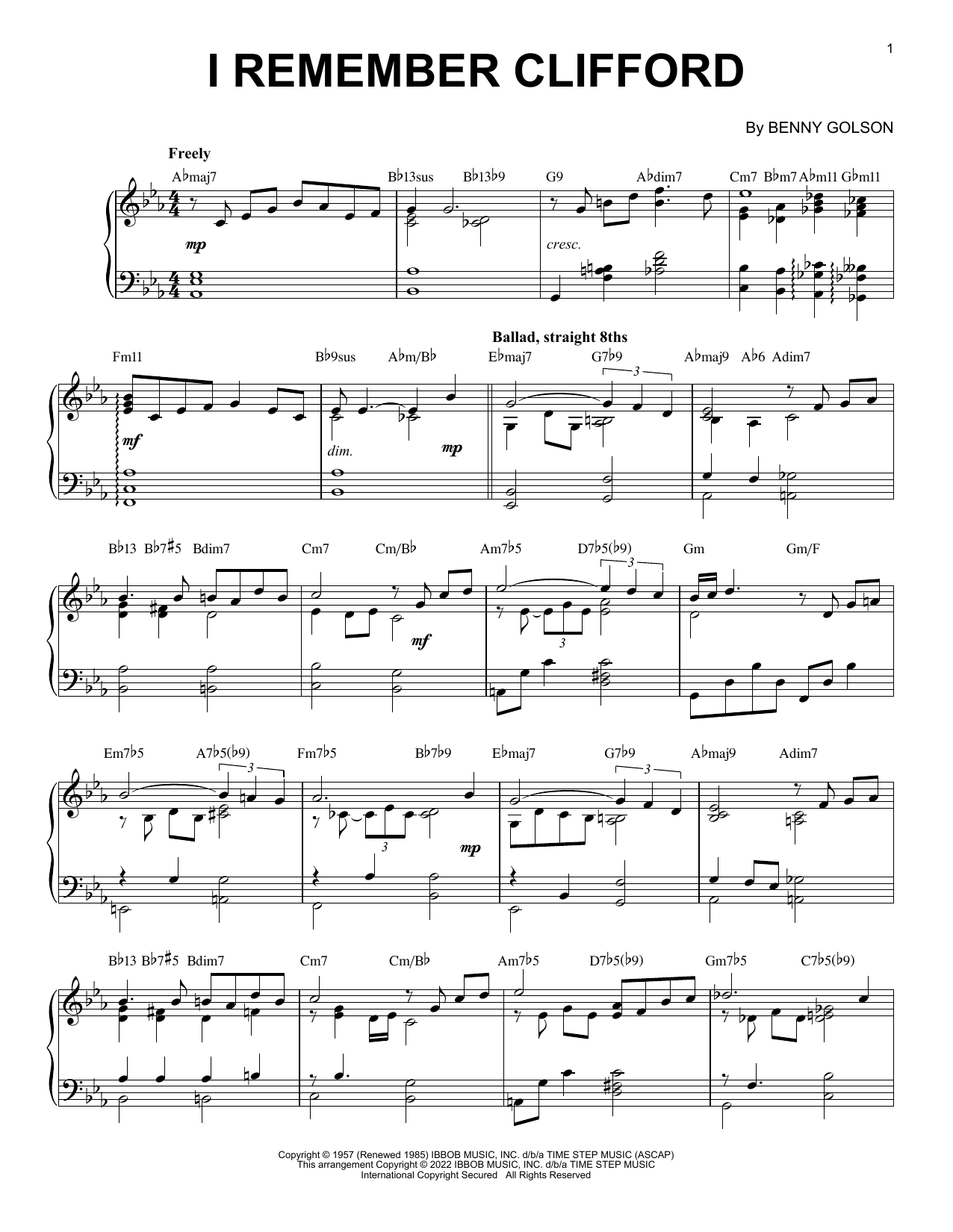 Benny Golson I Remember Clifford [Jazz version] (arr. Brent Edstrom) Sheet Music Notes & Chords for Piano Solo - Download or Print PDF