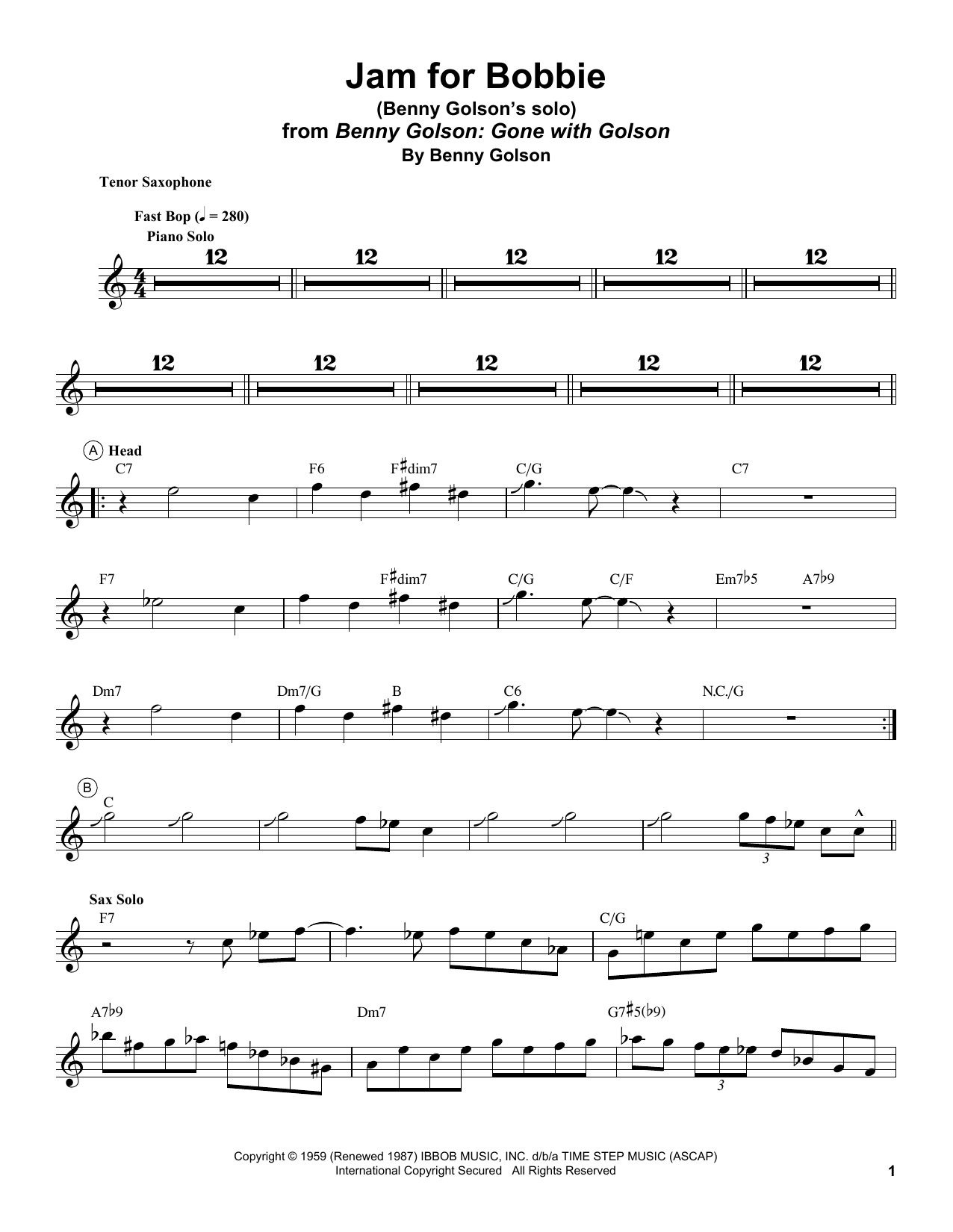 Benny Golson Jam For Bobbie Sheet Music Notes & Chords for Tenor Sax Transcription - Download or Print PDF