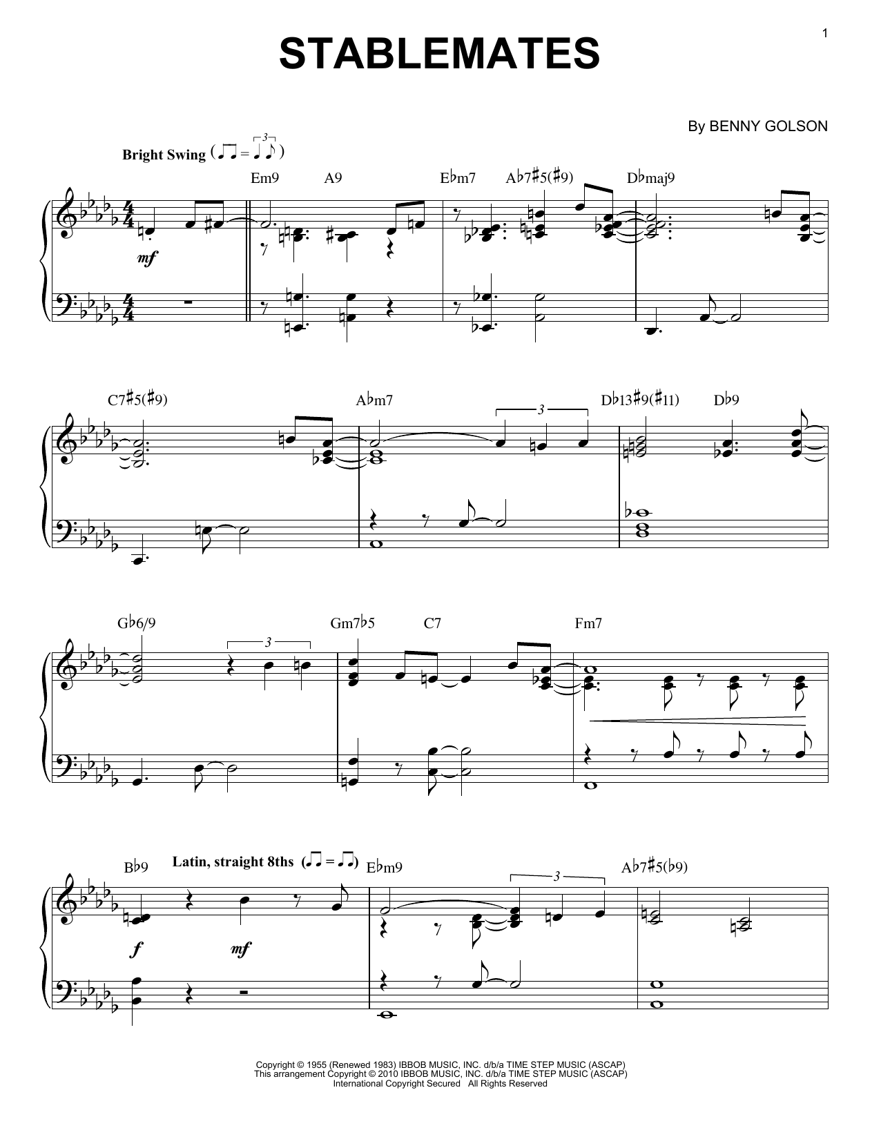 Benny Golson Stablemates (arr. Brent Edstrom) Sheet Music Notes & Chords for Piano Solo - Download or Print PDF