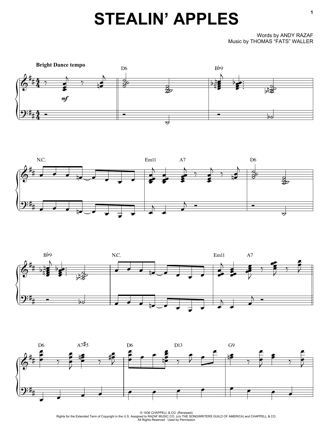 Benny Goodman Stealin' Apples Sheet Music Notes & Chords for Piano - Download or Print PDF
