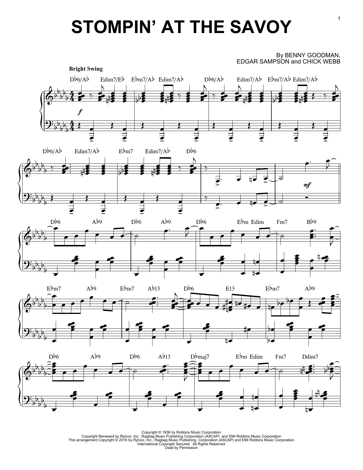 Benny Goodman Stompin' At The Savoy (arr. Brent Edstrom) Sheet Music Notes & Chords for Piano - Download or Print PDF