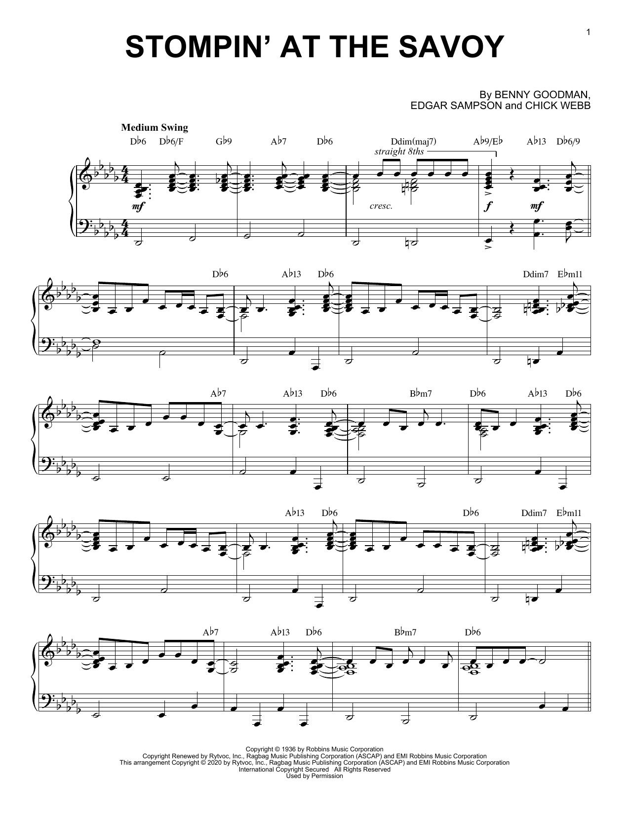 Benny Goodman Stompin' At The Savoy [Jazz version] (arr. Brent Edstrom) Sheet Music Notes & Chords for Piano Solo - Download or Print PDF