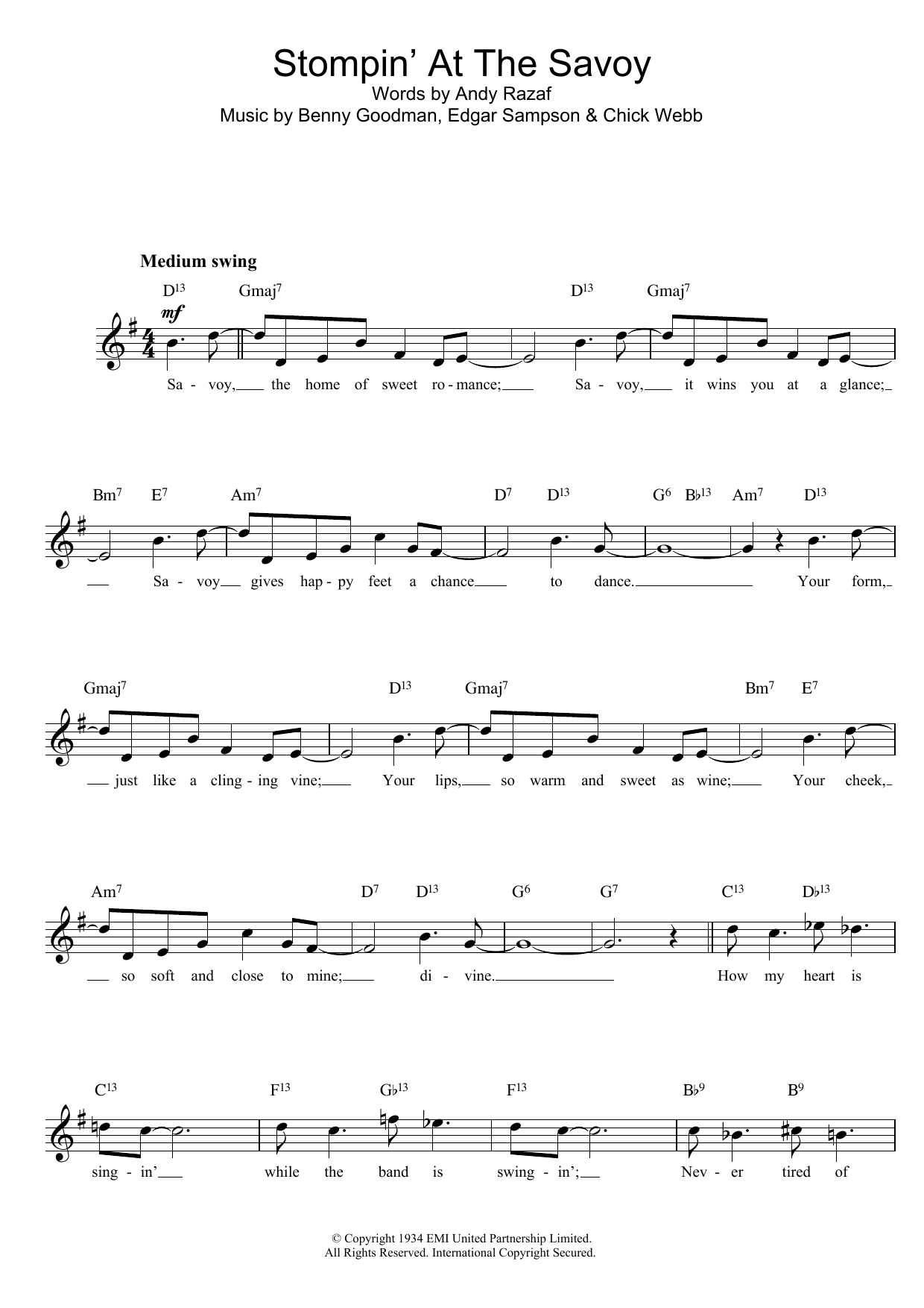 Benny Goodman Stompin' At The Savoy Sheet Music Notes & Chords for Piano - Download or Print PDF